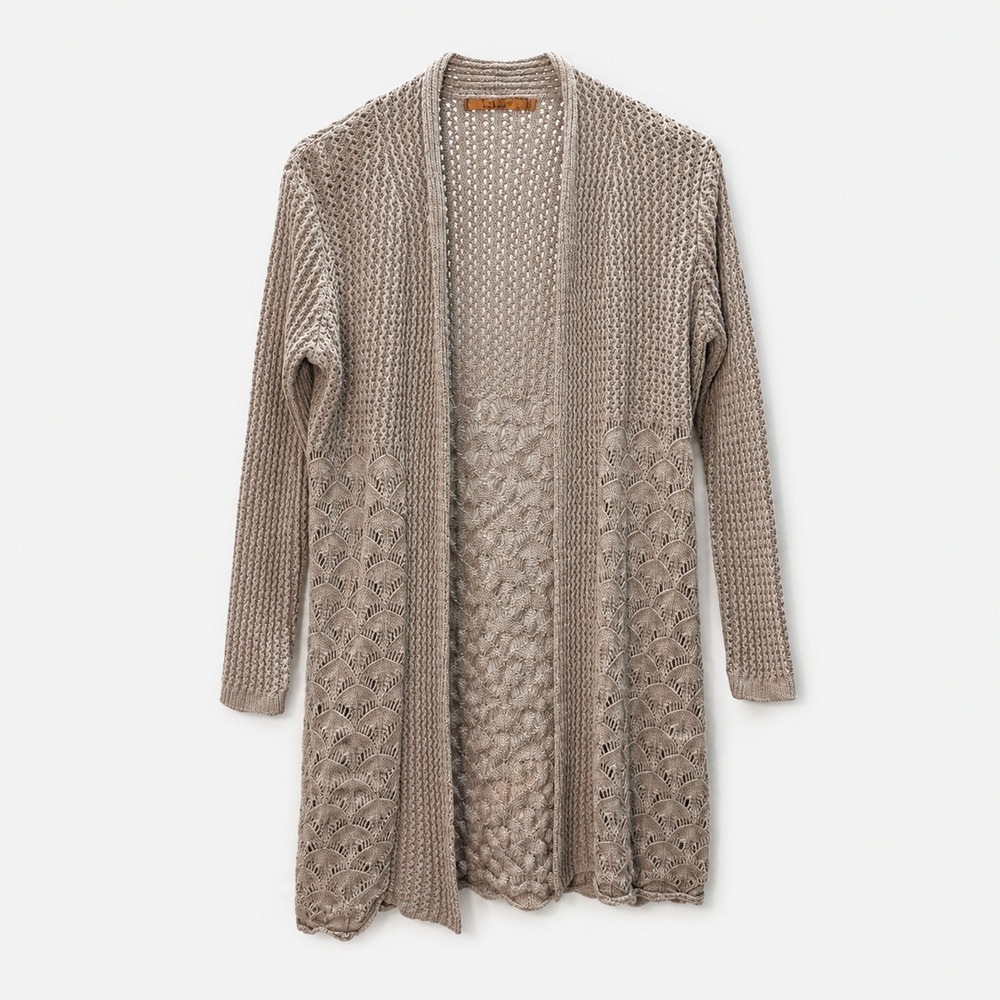 Belladini Crochet Cardigan Open Front Lace Knit Boho Longline Neutral L Cottage